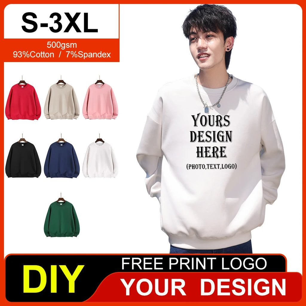 500gsm Cotton Men's Plush Thick O-Neck Sweatshirts Custom Print Logo Drop Shoulders Pullover Oversized Casual Women's Hoodies