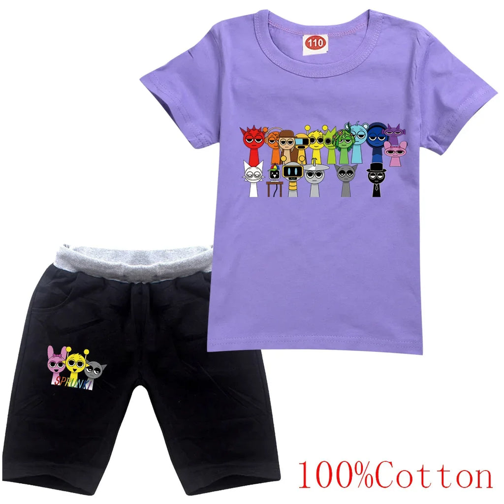 Cute Sprunki Clothes Sets 2025 Summer Kids Cartoon T-shirts Shorts Two-piece Set Baby Boys Tracksuit Girls Outfits