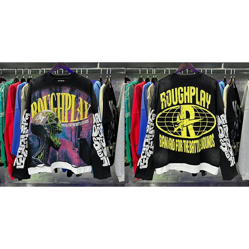 Roughplay Long-sleeved T-shirt Classic Y2K Helicopter Pilot Skull Print Washed Black Cotton T-shirt Tops Men Women Trendy New