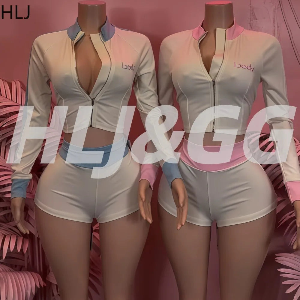 HLJ Autumn New Fashion Letter Embroidery Patchwork Women 2 Piece Set Zip Long Sleeve Crop Top + Shorts Matching Female Tracksuit