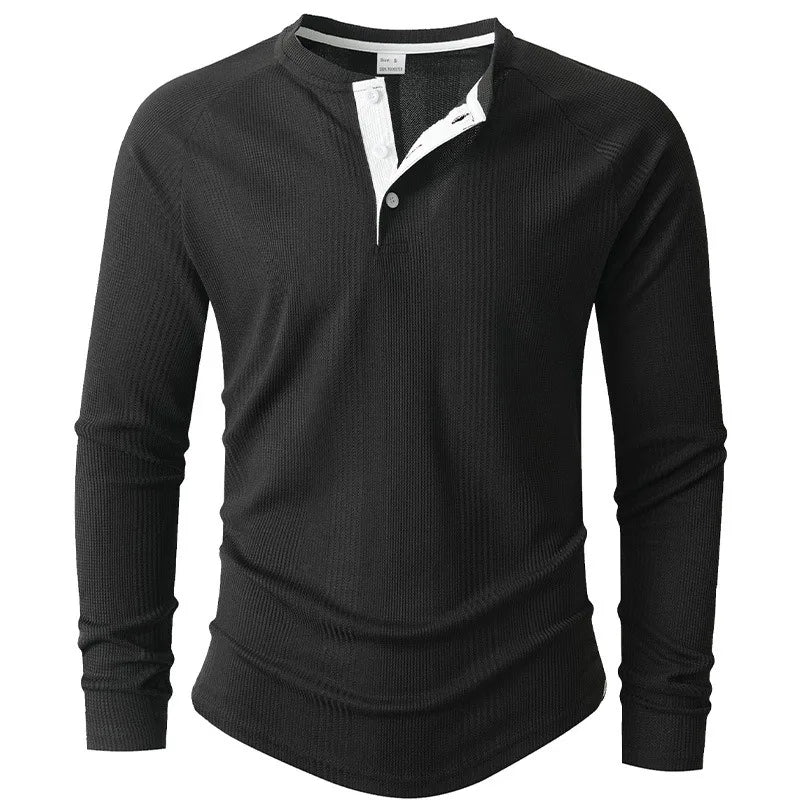 New Round Neck Long Sleeve Henley Bottoming Shirt T-shirt Vertical Stripe Men's POLO Shirt