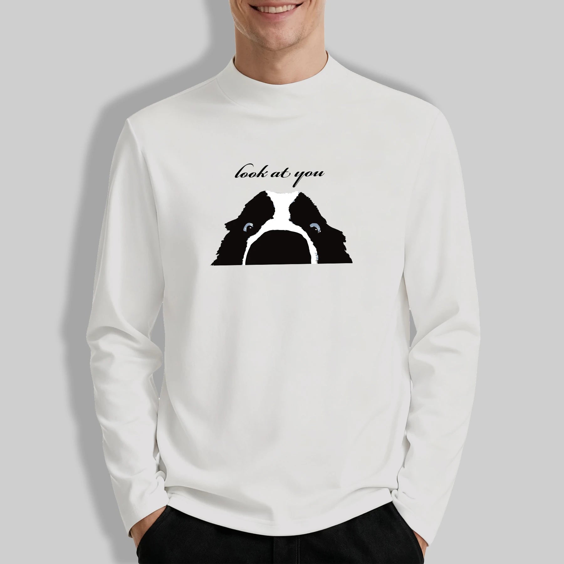 Secretly Watching Your Little Dog Men Mock Neck Elasticity Top Fashion Tee Autumn Retro Soft Long Sleeve Unisex Simple Clothes