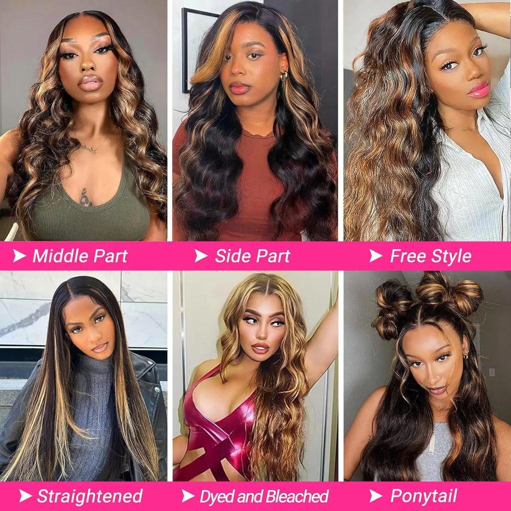 13x6 Highlight Ombre Lace Frontal Wig Human Hair 1B/30 Body Wave Lace Front Wigs 250% Density HD Transparent for Women 30Inch