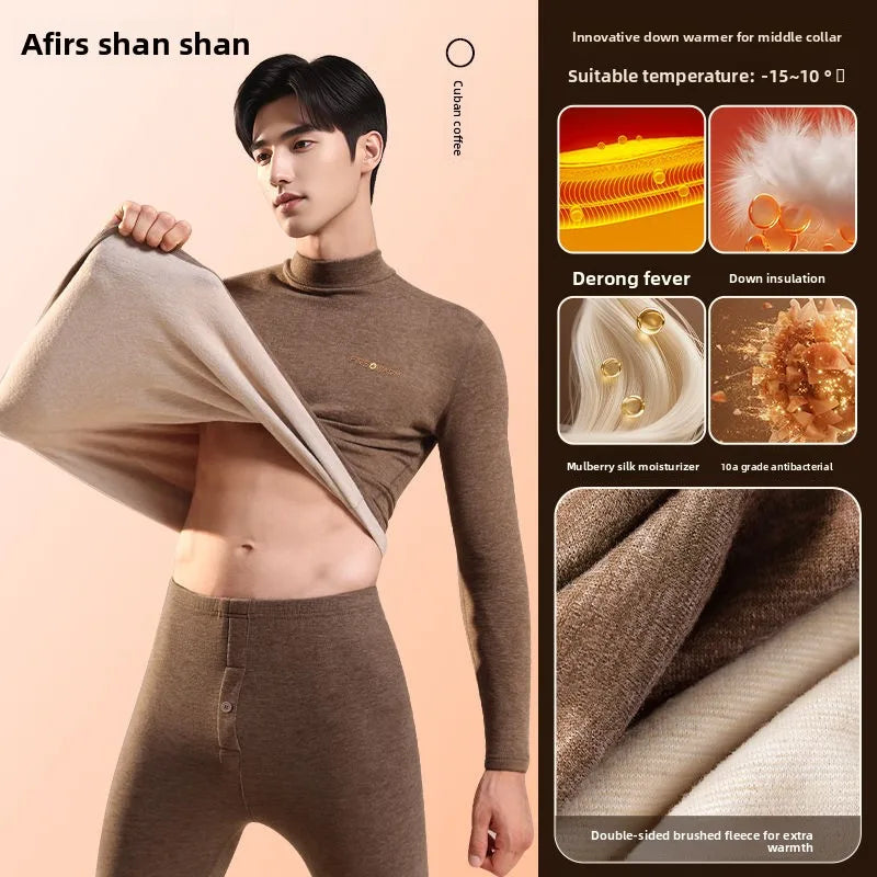 Velvet Thermal Underwear Men's Down Silk Suit Autumn Winter Velvet Thickened High Neck Long Johns Men Snow Peak Warm Pajamas