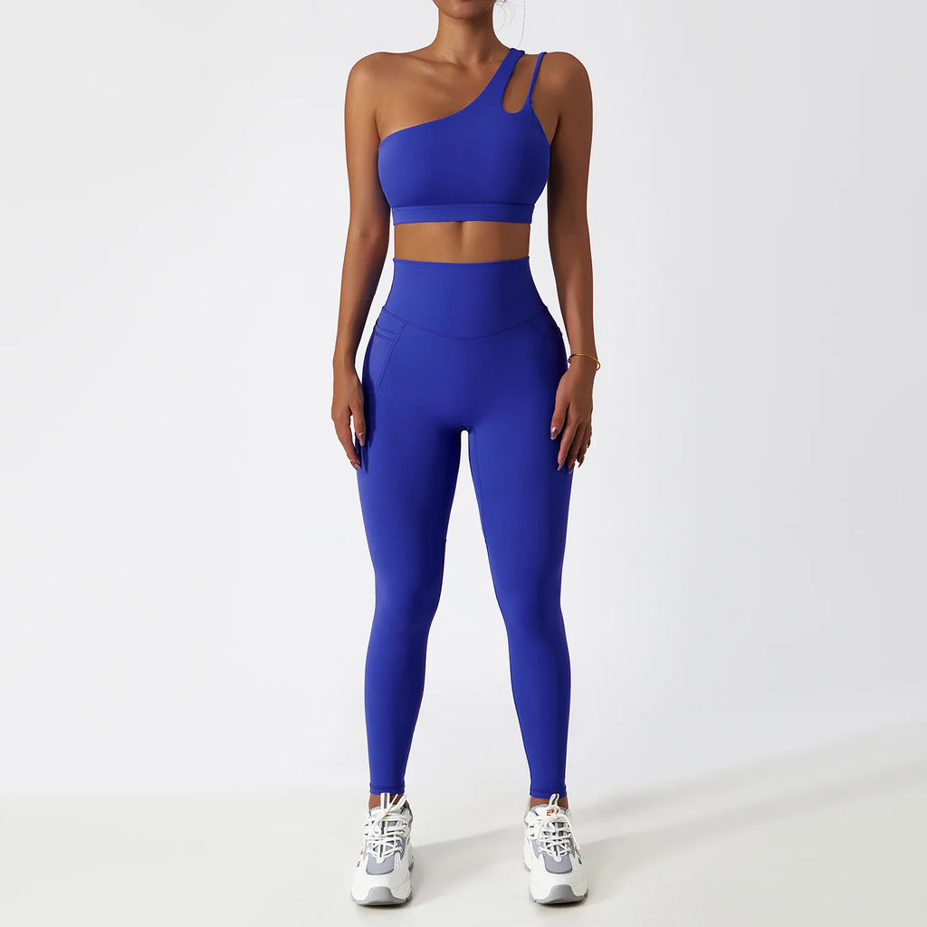 BIANHUI Sportswear Yoga Set Quick-Dry Tight Suit With Pocket Sports Women Tracksuits Asymmetric Shoulder Running Gym Leggings