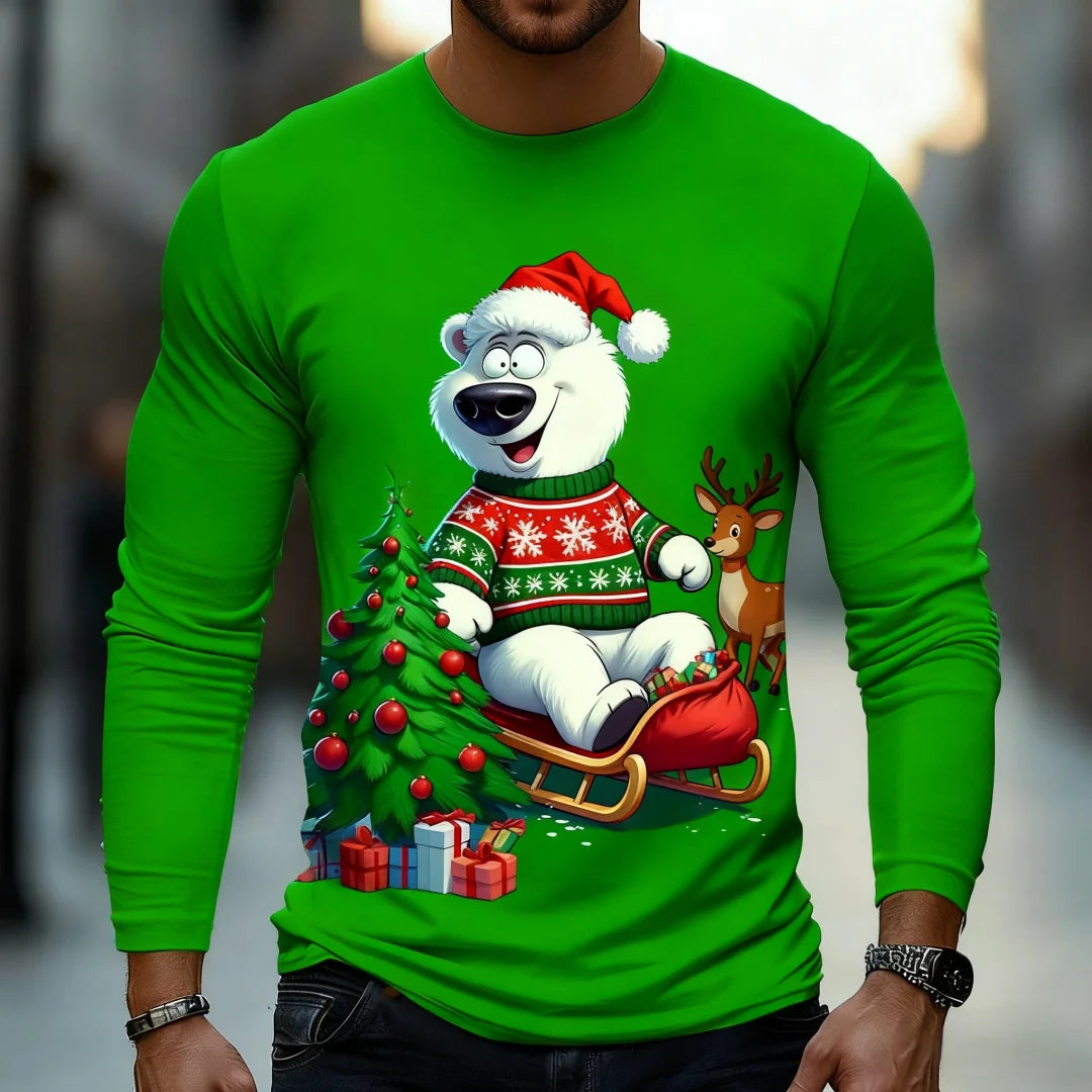 Funny White Bear Graphic T Shirt For Men Christmas Style Men's Long Sleeve Tee Spring Autumn Casual T-shirt Trend Men's Clothing