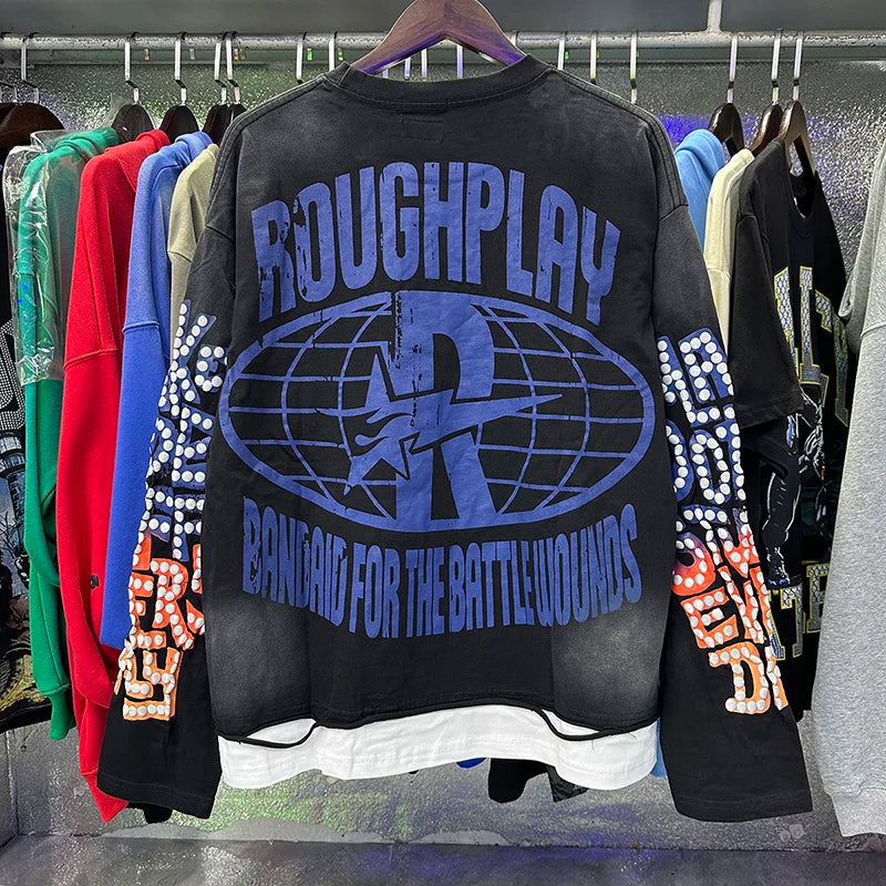 Roughplay Long-sleeved T-shirt Classic Y2K Helicopter Pilot Skull Print Washed Black Cotton T-shirt Tops Men Women Trendy New