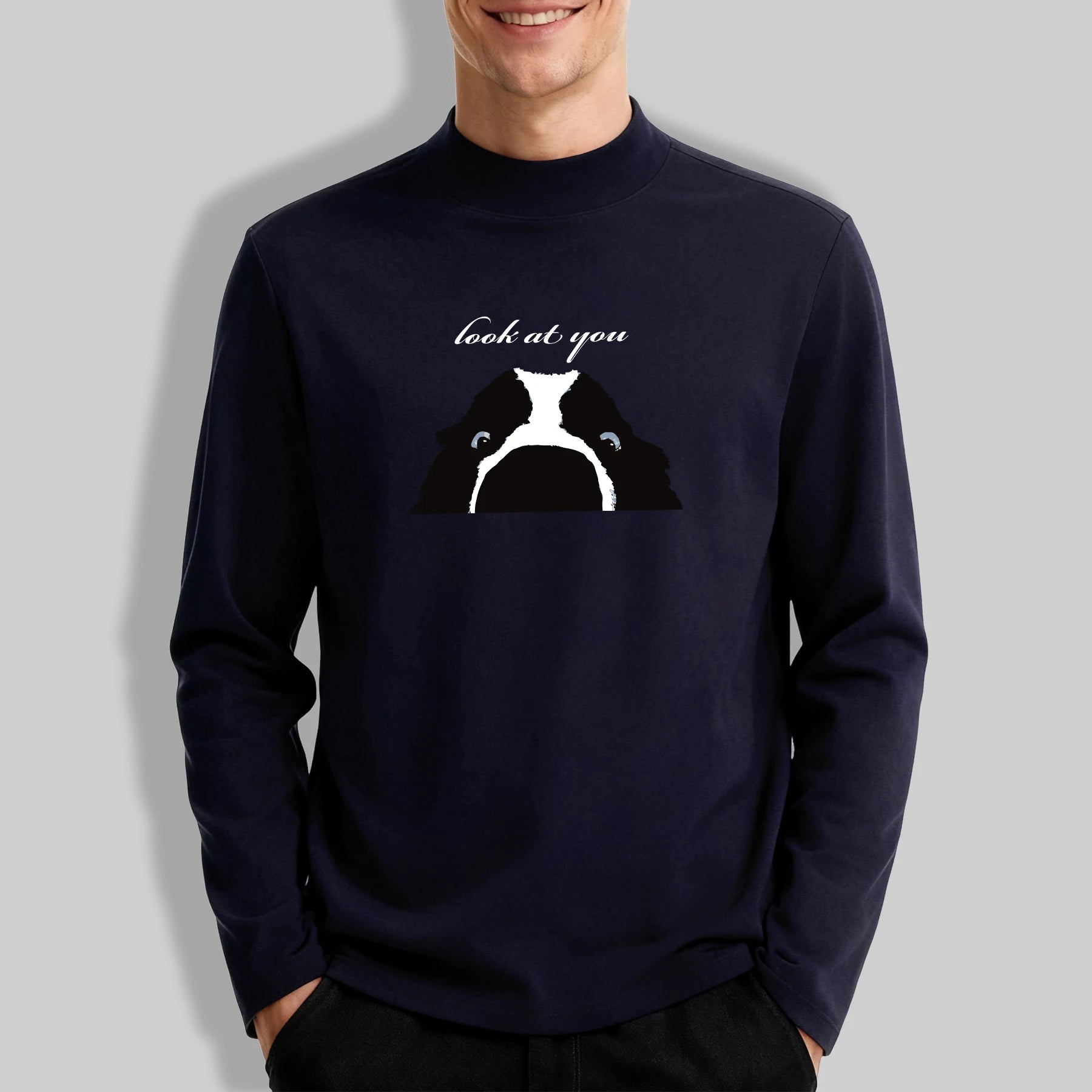 Secretly Watching Your Little Dog Men Mock Neck Elasticity Top Fashion Tee Autumn Retro Soft Long Sleeve Unisex Simple Clothes