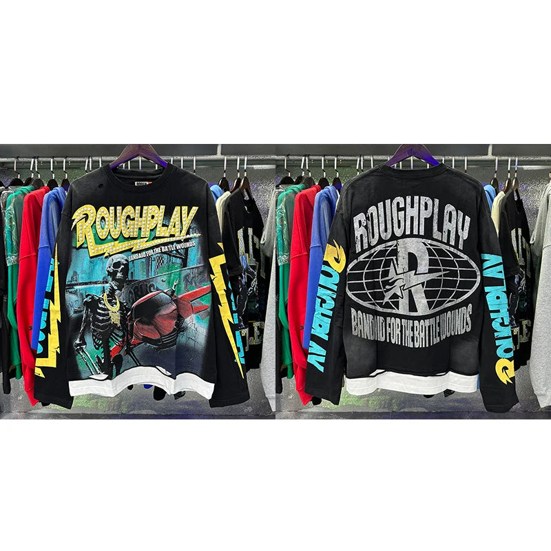 Roughplay Long-sleeved T-shirt Classic Y2K Helicopter Pilot Skull Print Washed Black Cotton T-shirt Tops Men Women Trendy New