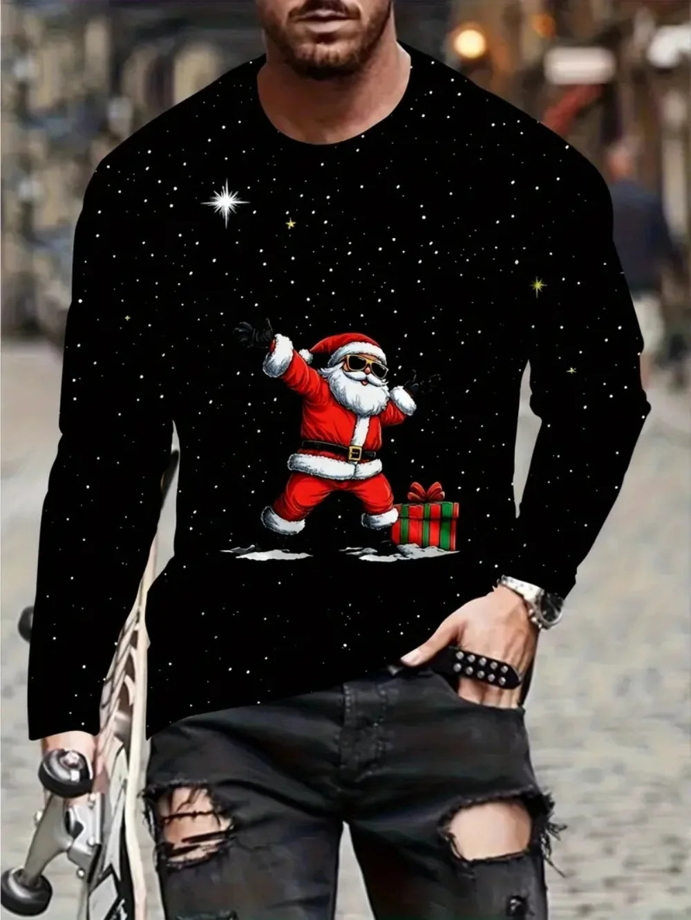 New Santa Claus Skateboarding Men's Long Sleeve T-shirt Trend Street Men's Clothing Funny Tee Spring And Autumn Casual Men's Top