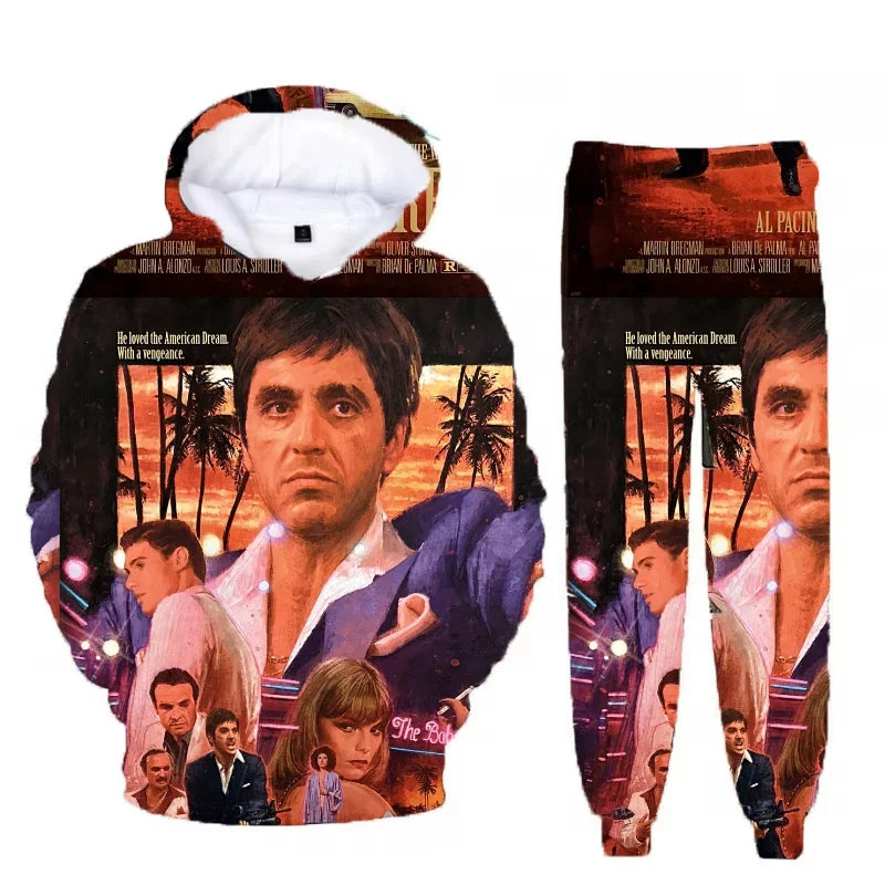 Hot Sales Classic Movie Scarface Tony Montana 3D Print Hoodie Suit Men Sweatshirts Sweatpants Casual Two Piece Tracksuit Set
