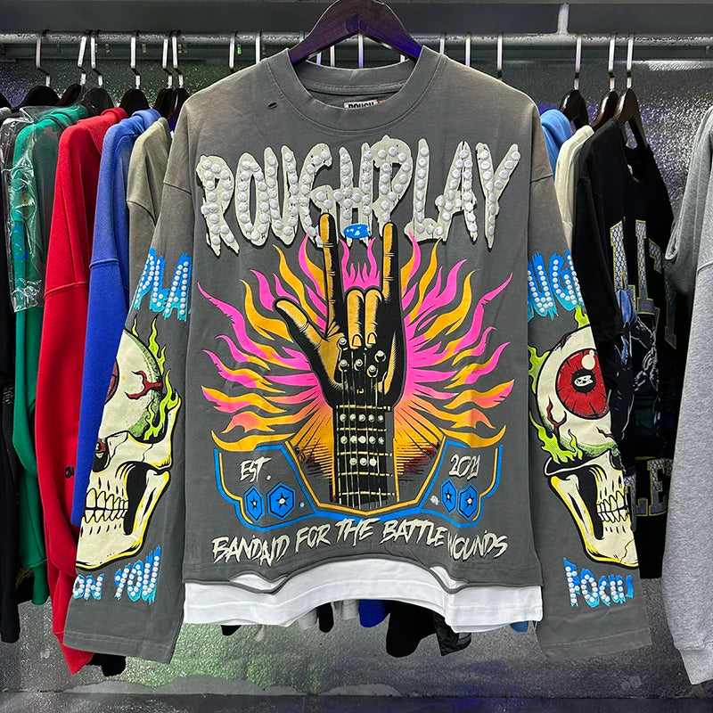 Roughplay Long-sleeved T-shirt Classic Y2K Helicopter Pilot Skull Print Washed Black Cotton T-shirt Tops Men Women Trendy New