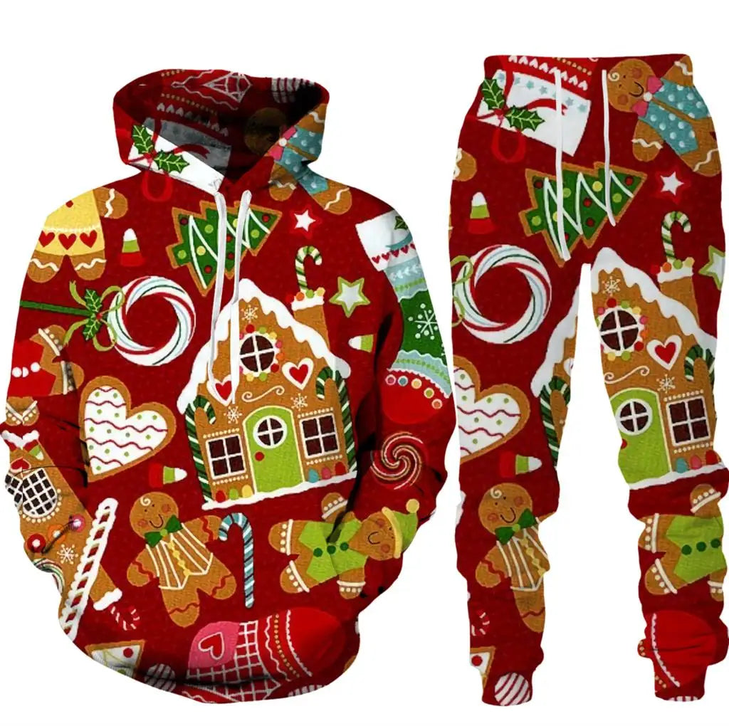 Autumn Winter Santa Clause Graphic Hoodies Sets 3D Print Funny Men's Women's 2-Piece Set Fashion Casual Unisex Christmas Clothes
