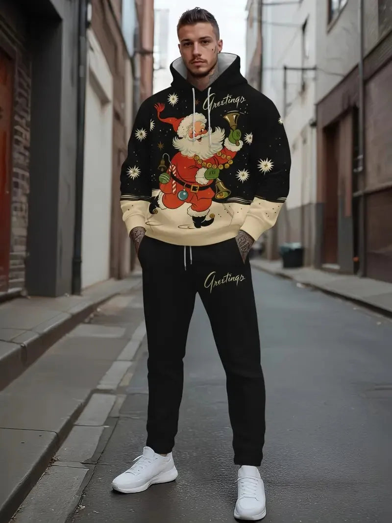 Fashion Christmas Santa Claus Men's Hoodie Set Autumn and Winter Casual Hoodie Pants 2-piece Set Outdoor Loose Sport Holiday Set