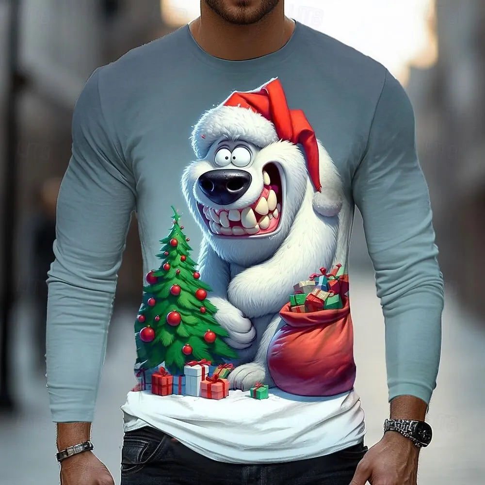 Funny White Bear Graphic T Shirt For Men Christmas Style Men's Long Sleeve Tee Spring Autumn Casual T-shirt Trend Men's Clothing