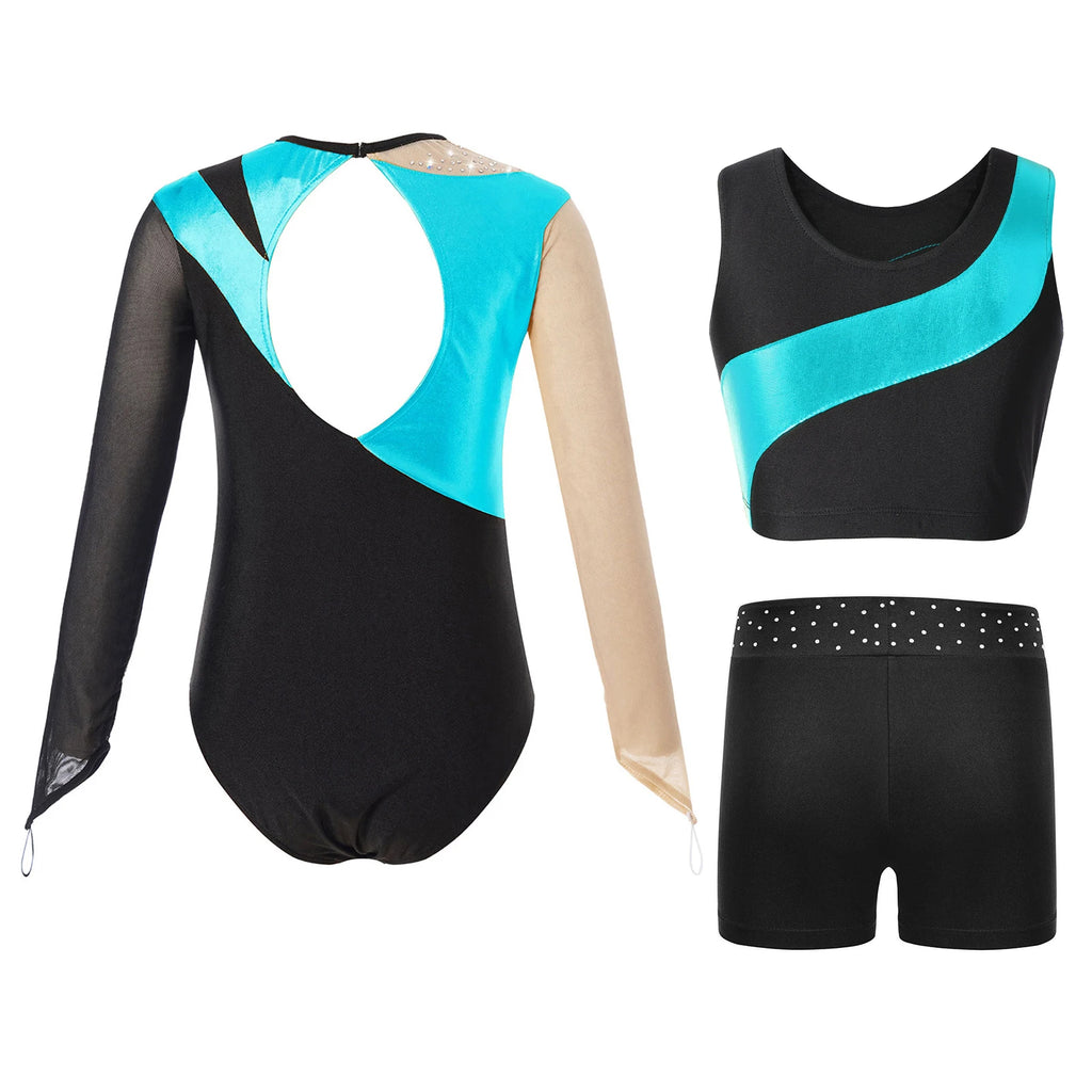 Kids Girls Ballet Sets Gymnastics Workout Leotard Sportswear Tracksuit Dance Outfits Glittery for Dance Practice and Performance