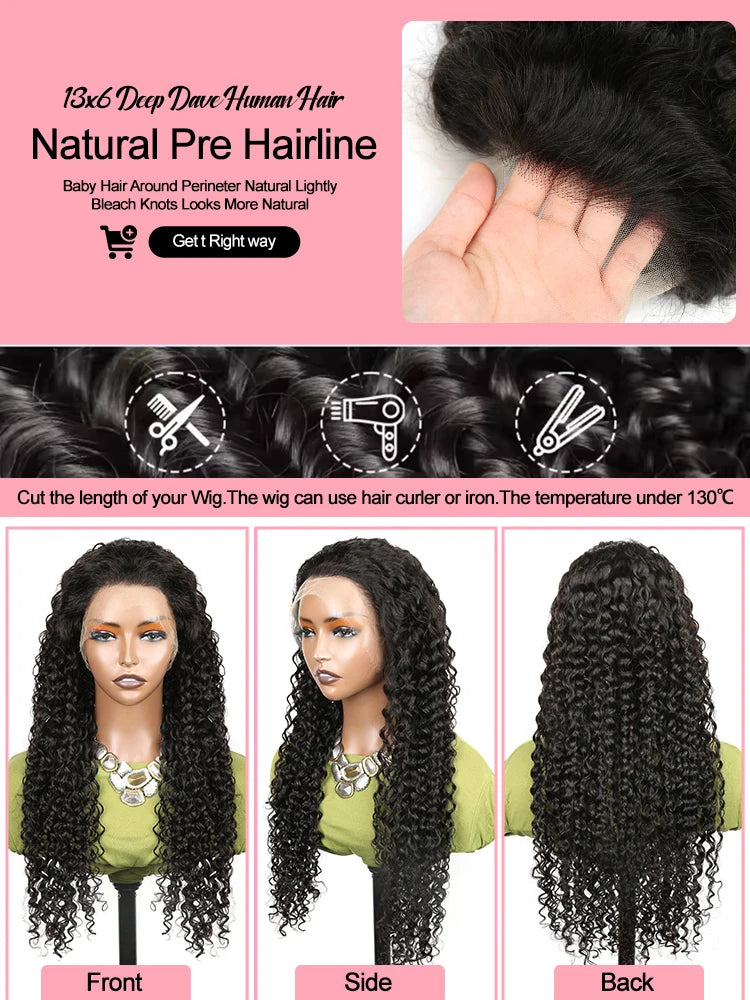 40-Inch Glueless Deep Wave 13x6 Transparent HD Lace Front Wig Human Hair 46-Inch 360 Full Lace Wigs Kinky Curly Wigs For Women