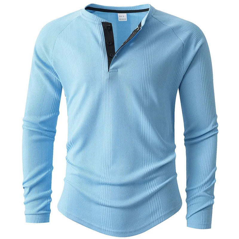 New Round Neck Long Sleeve Henley Bottoming Shirt T-shirt Vertical Stripe Men's POLO Shirt