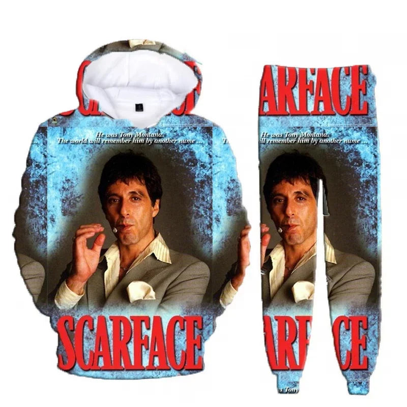 Hot Sales Classic Movie Scarface Tony Montana 3D Print Hoodie Suit Men Sweatshirts Sweatpants Casual Two Piece Tracksuit Set