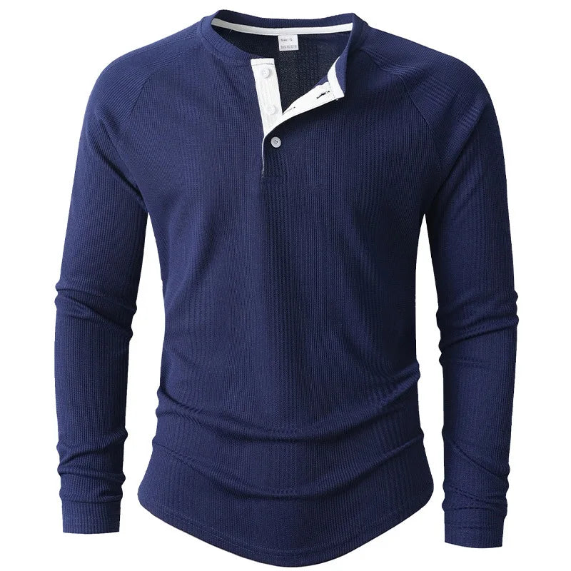 New Round Neck Long Sleeve Henley Bottoming Shirt T-shirt Vertical Stripe Men's POLO Shirt