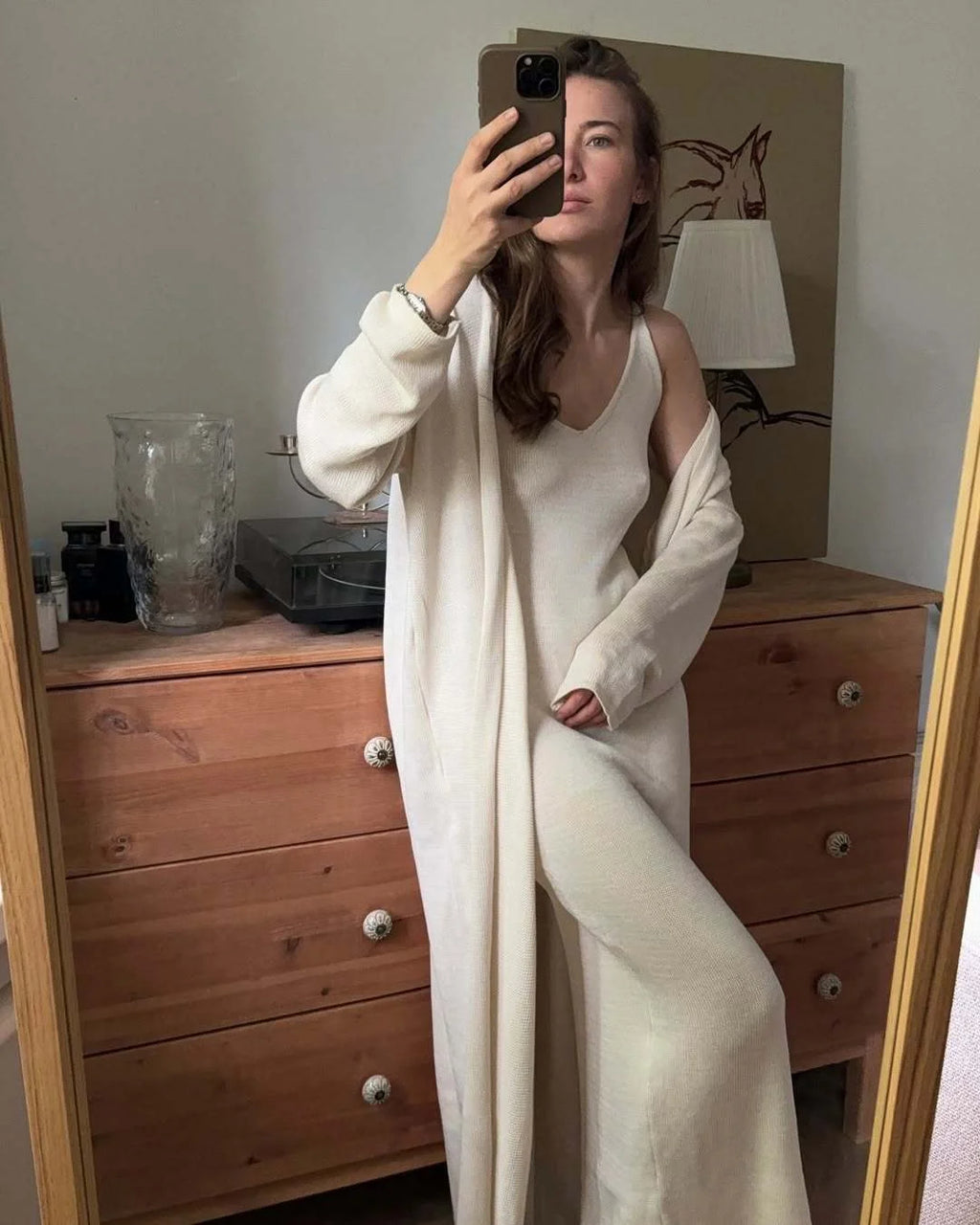 Hirsionsan Soft Loose Sets Women Two Pieces Long Sleeve Cardigan & Vest Dresses Elegant Female Hollow Outfits Cotton Tracksuit