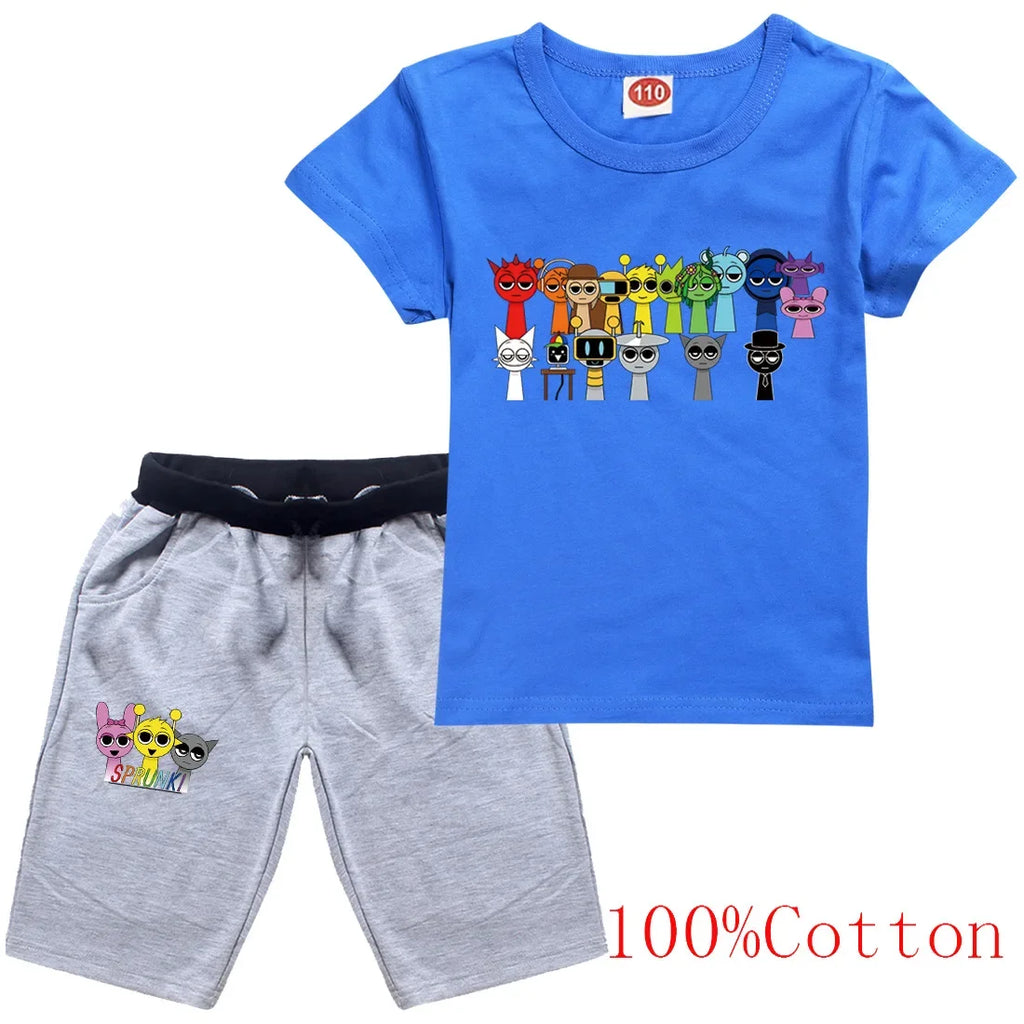 Cute Sprunki Clothes Sets 2025 Summer Kids Cartoon T-shirts Shorts Two-piece Set Baby Boys Tracksuit Girls Outfits