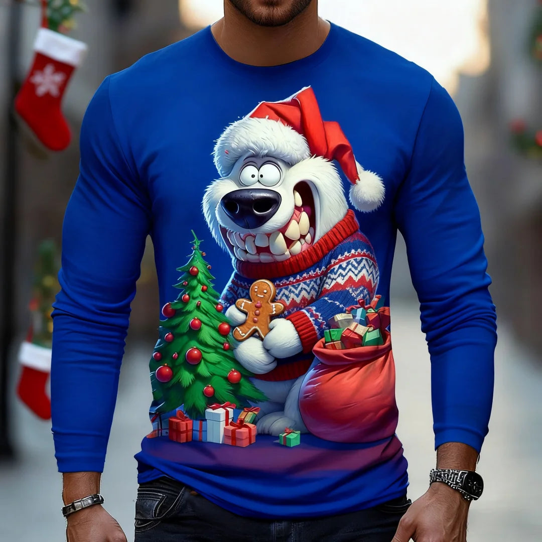 Funny White Bear Graphic T Shirt For Men Christmas Style Men's Long Sleeve Tee Spring Autumn Casual T-shirt Trend Men's Clothing