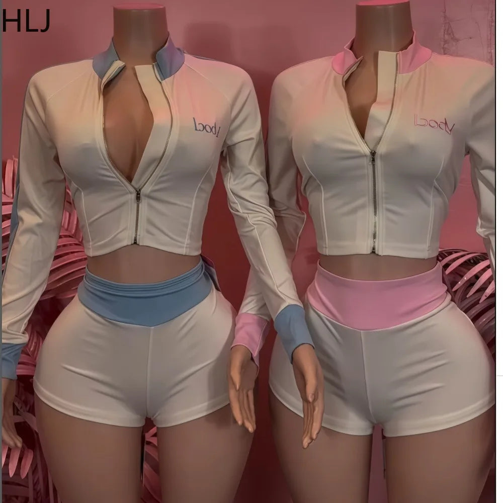 HLJ Autumn New Fashion Letter Embroidery Patchwork Women 2 Piece Set Zip Long Sleeve Crop Top + Shorts Matching Female Tracksuit