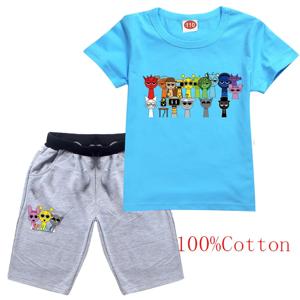 Cute Sprunki Clothes Sets 2025 Summer Kids Cartoon T-shirts Shorts Two-piece Set Baby Boys Tracksuit Girls Outfits