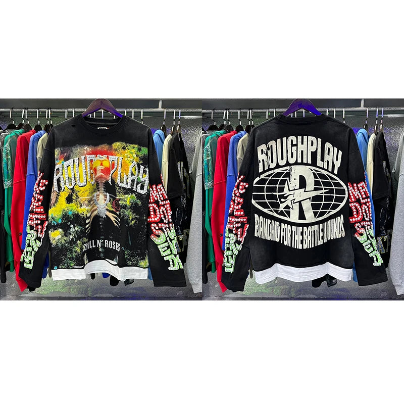 Roughplay Long-sleeved T-shirt Classic Y2K Helicopter Pilot Skull Print Washed Black Cotton T-shirt Tops Men Women Trendy New