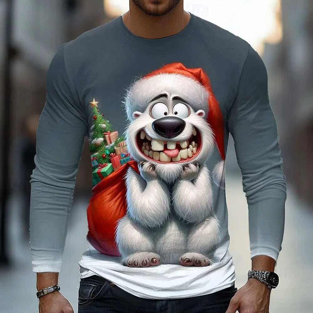 Funny White Bear Graphic T Shirt For Men Christmas Style Men's Long Sleeve Tee Spring Autumn Casual T-shirt Trend Men's Clothing