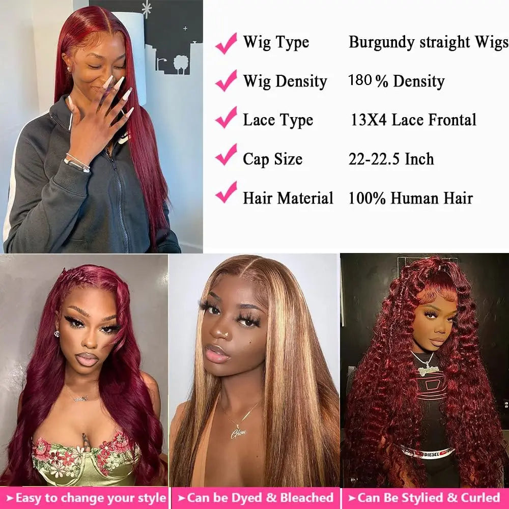 13x6 HD Lace Frontal Human Hair Wig Bone Straight Red 13x4 Lace Front Human Hair Wigs 99J Colored 100% Brazilian Human Hair Wig