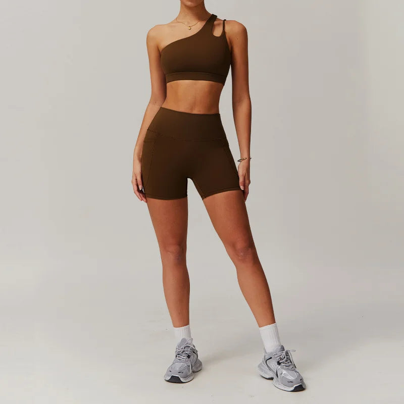 BIANHUI Sportswear Yoga Set Quick-Dry Tight Suit With Pocket Sports Women Tracksuits Asymmetric Shoulder Running Gym Leggings