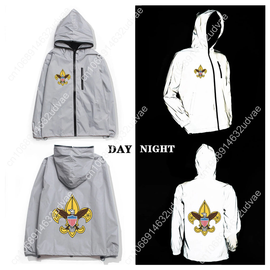 Scouts of America Reflective Jacket Mens Womens Coat Hooded Windbreaker Runing Pocket Jackets Cycling Hiking Customized Hoodie