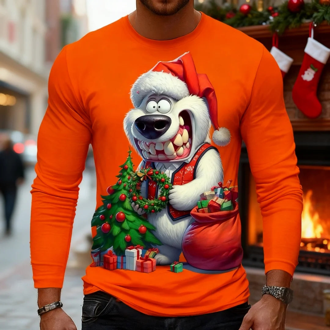 Funny White Bear Graphic T Shirt For Men Christmas Style Men's Long Sleeve Tee Spring Autumn Casual T-shirt Trend Men's Clothing