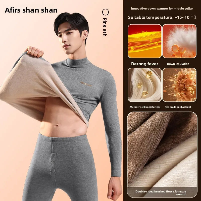 Velvet Thermal Underwear Men's Down Silk Suit Autumn Winter Velvet Thickened High Neck Long Johns Men Snow Peak Warm Pajamas