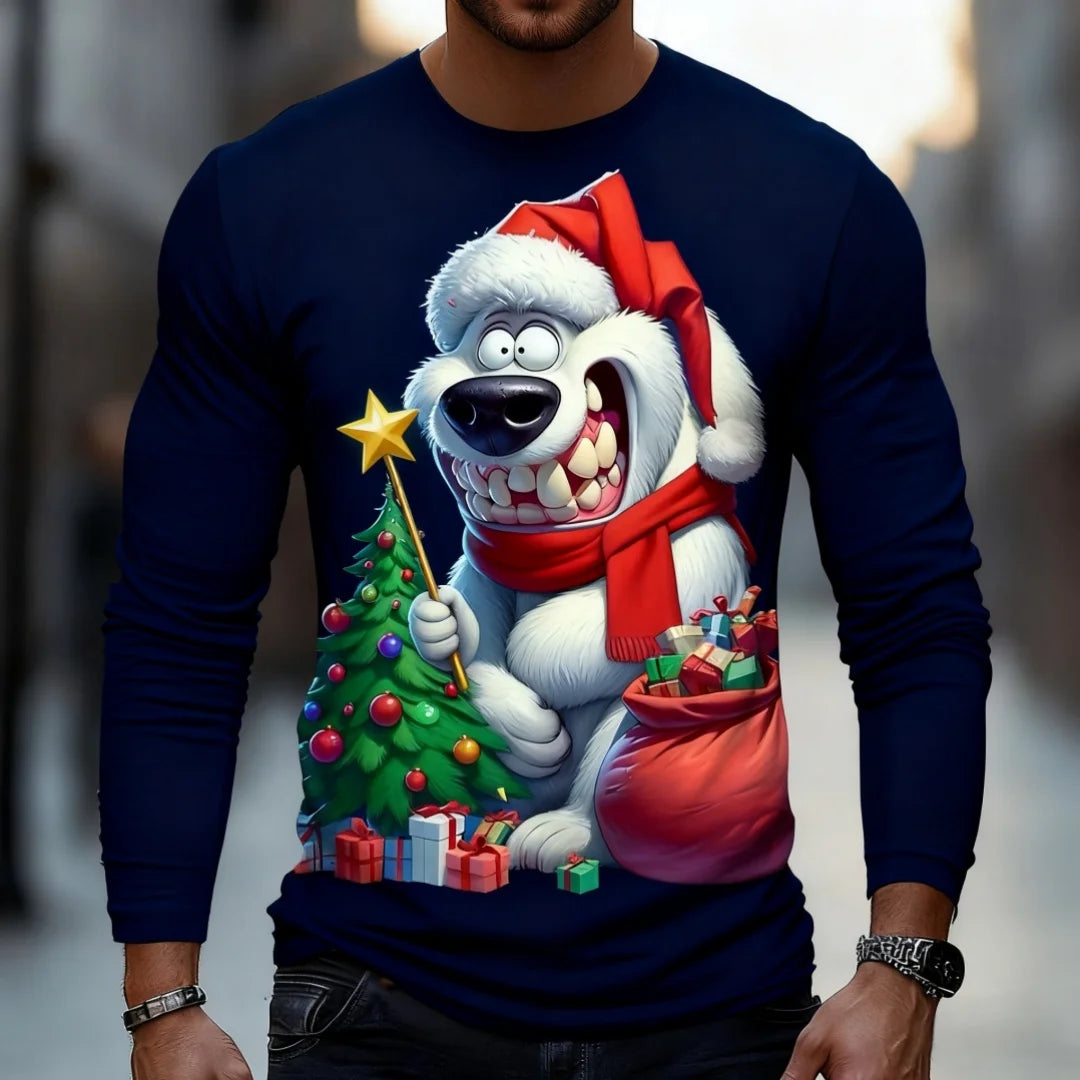 Funny White Bear Graphic T Shirt For Men Christmas Style Men's Long Sleeve Tee Spring Autumn Casual T-shirt Trend Men's Clothing