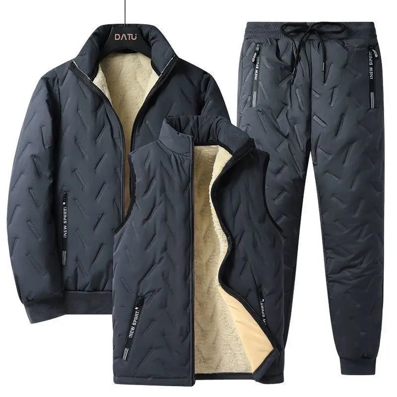 Autumn and Winter New Men's Thermal Three-piece Set Stand-up Collar Lamb Wool Vest Vest Jacket Ultrasonic Trousers