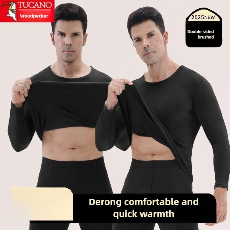 Woodpecker Autumn and Winter Double-sided Velvet Inner Warm Suit Men's Slim-fitting Bottoming Skin-friendly Warm Pajamas Man