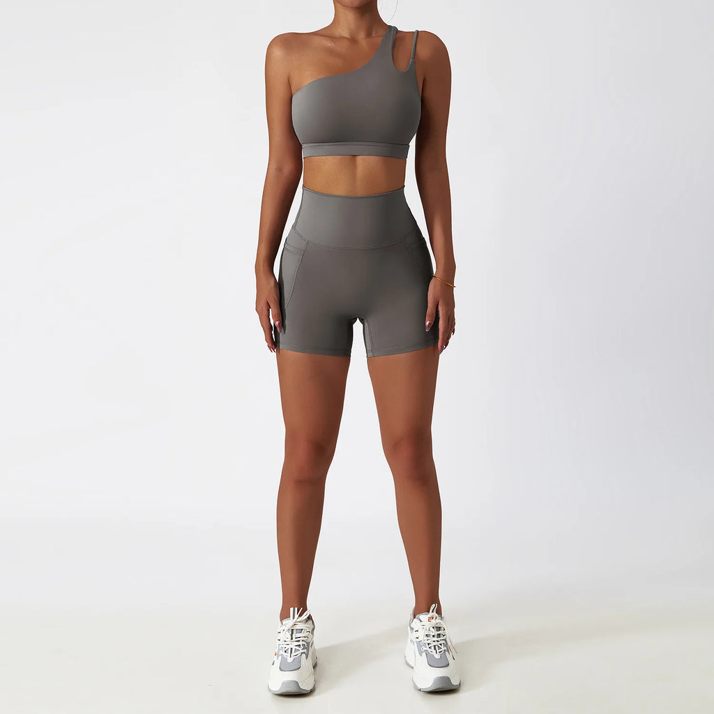 BIANHUI Sportswear Yoga Set Quick-Dry Tight Suit With Pocket Sports Women Tracksuits Asymmetric Shoulder Running Gym Leggings