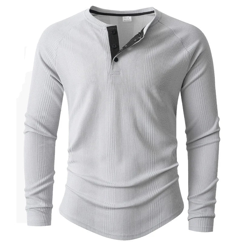 New Round Neck Long Sleeve Henley Bottoming Shirt T-shirt Vertical Stripe Men's POLO Shirt
